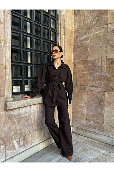 GM Butikk Pocket Detailed Belted Navy Blue Denim Premium Jacket Jean Suit Hijab Clothing Women's Hijab Jeans Suit