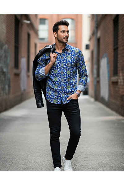 YusGos Men's Regular Fit Regular Collar Long Sleeve Easy Iron Patterned Premium Cotton Shirt