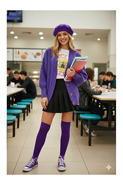 Namaste Vintage Purple Color Knit Detailed Balloon Sleeve Knitwear Cardigan