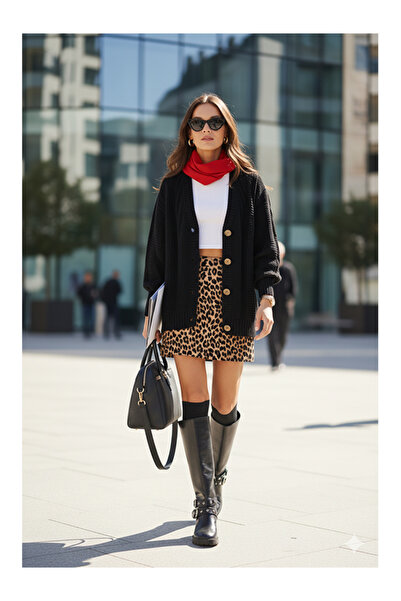 Namaste Vintage Black Color Knit Detailed Balloon Sleeve Knitwear Cardigan