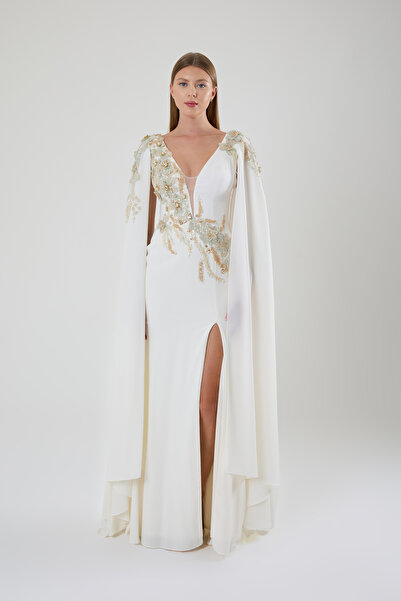 ROJBEY KADIN TAŞ İŞLEME DETAYLI PELERİN KOLLU UZUN ELBİSE