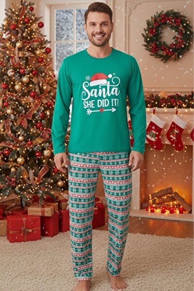 embody Men's Christmas pyjamas in cotton, long sleeves and trousers, green 02016