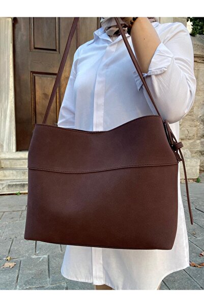 H&D COLLECTİON Women's Brown Suede Belt Detailed Hand and Shoulder Bag