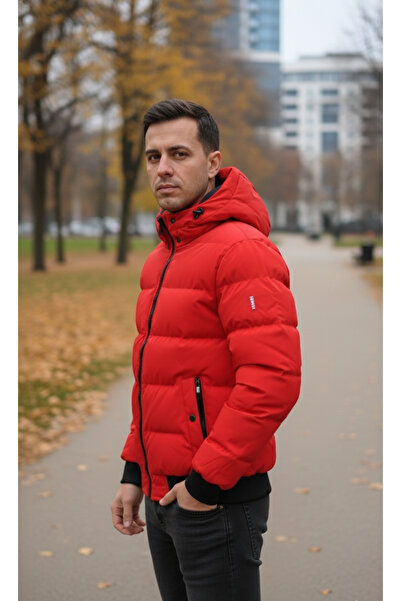 embody Men's thick jacket, Red, with detachable hood, zip pockets 7956-3