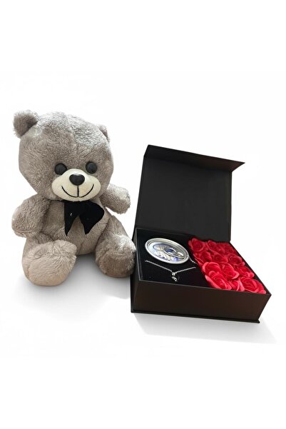 GÜÇLÜ Unutulmaz anlar için:Büyük boy Gri aşk ayıcığı ve inci kolye hediye kut...