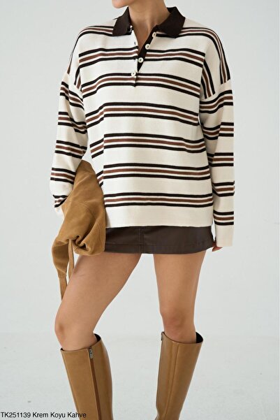 CADDELAMODA Women's Button Detailed Striped Sweater