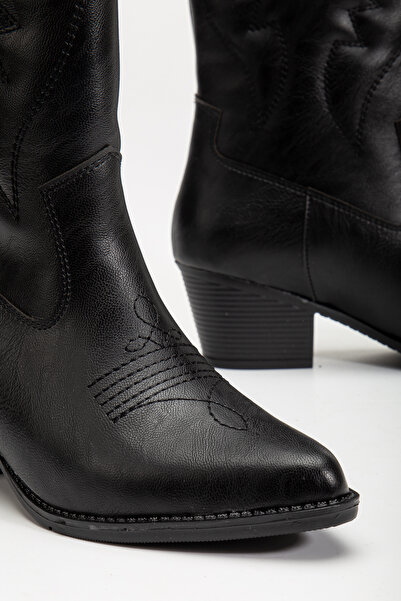 MODA MHS Γυναικείες μαύρες δερμάτινες μακριές μπότες καουμπόη με ανάγλυφο κέντημα