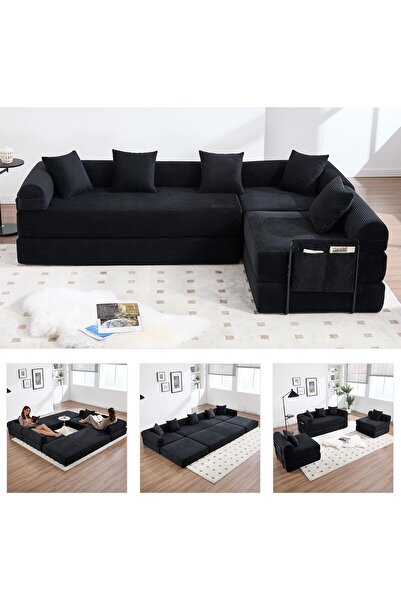 puffiber L Şeklinde Kanepe,Yan Cepli Katlanır Kanepe Yatak, Köşe Takımı 100x360 cm (Kırlentler Hediyedir)