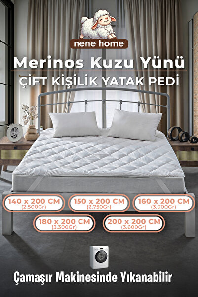 nenehome Çift Kişilik Merinos Kuzu Yünü Yatak Pedi, Yatak Koruyucu, Yatak Şil...