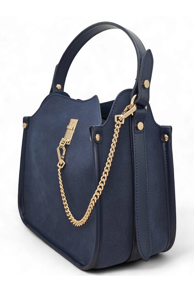 Evident Navy Blue Nubuck Chain Accessory Detailed Hand & Shoulder Women's Bag