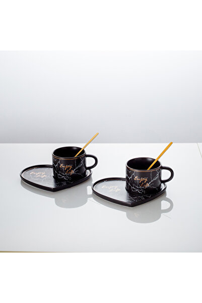 Malooki Set of 2 ceramic cups with heart-shaped saucer - Black