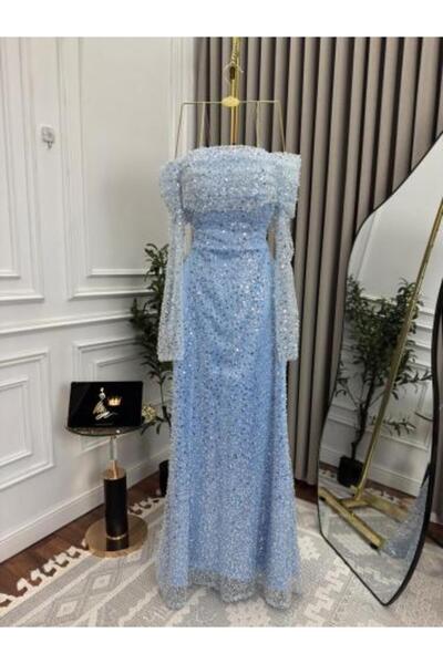 leen Turquoise evening dress with back train