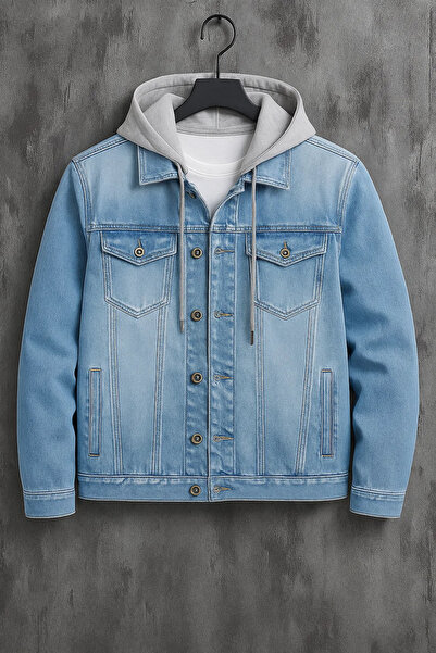 DAMGA JEANS Palton pentru bărbați cu glugă de tranziție Ice Blue Loose Denim