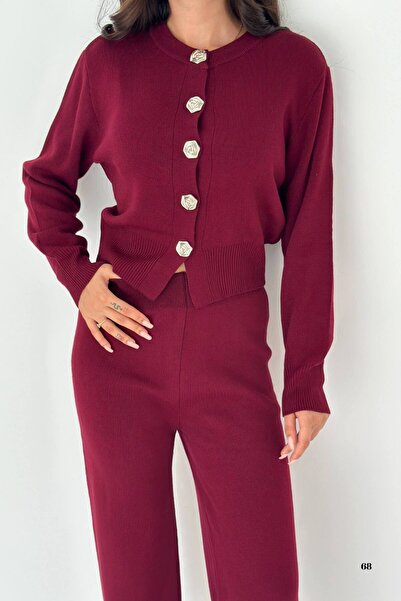 ZISHAN Standart Beden Gül Düğmeli Triko İkili Takım - Crop Hırka ve Geniş Paça Pantolon 3004