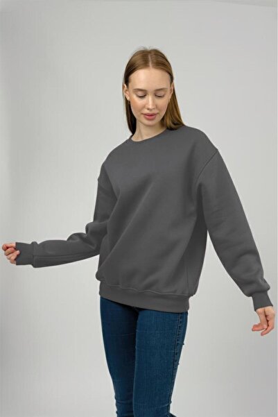 Betimoda Women's Basic Cotton Fleece Lined Crew Neck Sweatshirt Anthracite