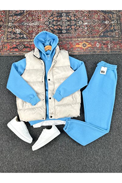 tetramoda Padded Inflatable Vest and Three Thread Compact Hooded Cotton Inside O Oversized Tracksuit Set 3-Piece Set