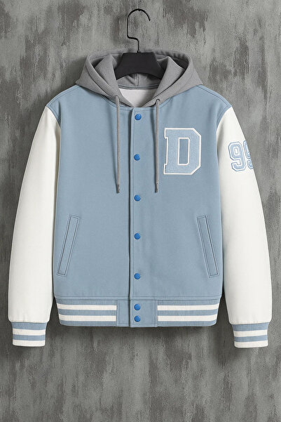 DAMGA JEANS Men's Oversized Hooded Ice Blue Denim College Coat