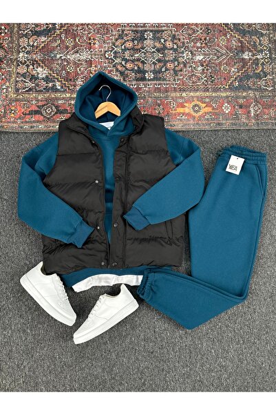 tetramoda Padded Inflatable Vest and Three Thread Compact Hooded Cotton Inside O Oversized Tracksuit Set 3-Piece Set