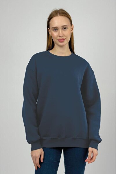 Betimoda Women's Basic Cotton Fleece-Lined Crew Neck Sweatshirt Navy Blue