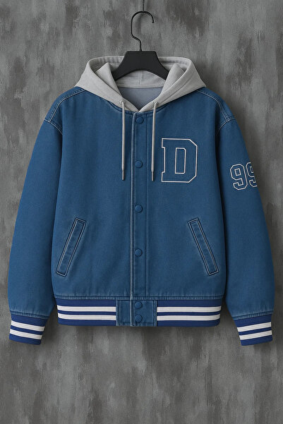 DAMGA JEANS Men's Oversized Hooded Blue Denim College Coat