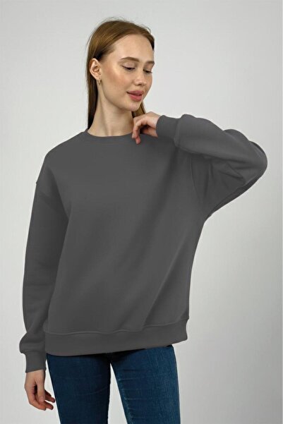 Betimoda Women's Basic Cotton Fleece Lined Crew Neck Sweatshirt Anthracite