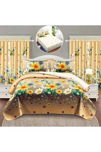 CumparaMisim Double bed linen set with elastic (140x200cm) + 2 curtains, fine, 6 pieces