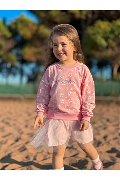 Neva Baby Boutique Kız Çocuk Pembe Tül/Tütü Etekli Çiçek Baskılı Sweatshirt E...