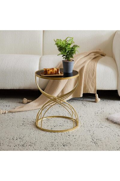 Generic Fulocseny Black Glass Round End Table Set of 2, 15.75in Gold Frame