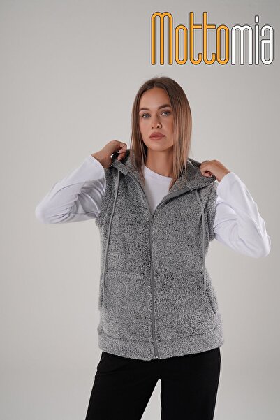 mottomia Light Gray Hooded Welsoft Zippered Women's Plush Vest with Pockets Warm Furry Winter Coat Look