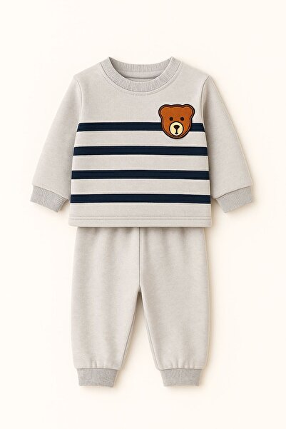 Oz Baby Striped Teddy Bear Printed Winter Unisex Fleece Baby Set Girl and Boy Baby Fleece 1-4 Years