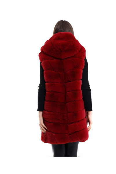 Meleners Hooded Plush Fur Vest Premium Quality, Fully Lined, Long Model - Red