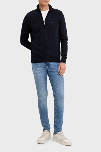 Tommy Hilfiger Men's Regular Fit 100% Cotton Zippered Mock Neck Long Sleeve Navy Blue Cardigan Mw0Mw36517-Dw5