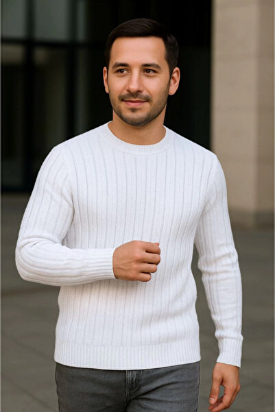 buğrahayalin Men's Cycling Round Neck Knitwear Sweater Cotton Thick Corded Fabric Woven, Regular Fit Long