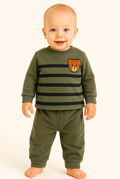 Oz Baby Striped Teddy Bear Printed Winter Unisex Fleece Baby Set Girl and Boy Baby Fleece 1-4 Years