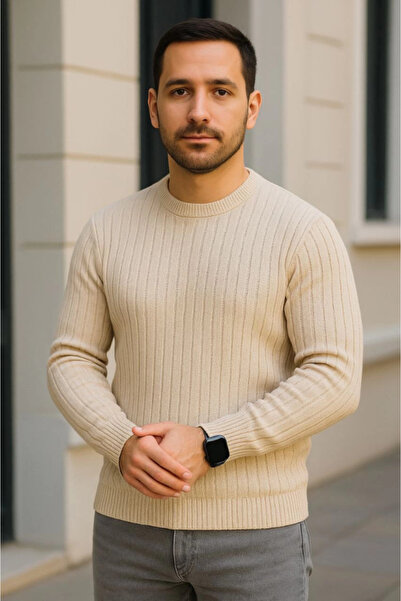 buğrahayalin Men's Cycling Round Neck Knitwear Sweater Cotton Thick Corded Fabric Woven, Regular Fit Long