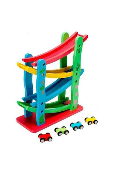 fulina Colourful Wooden Track Race Set, DIY Toy, 4 Layer Tracks Improve Hand Eye Coordination for Kids