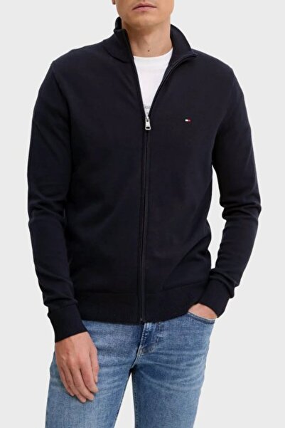 Tommy Hilfiger Men's Regular Fit 100% Cotton Zippered Mock Neck Long Sleeve Navy Blue Cardigan Mw0Mw36517-Dw5
