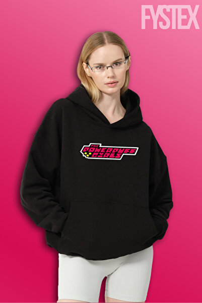 FYSTEX Women's Black Oversized Sweatshirt / Hoodie / Hooded Sweat / Power Puff Girls Sweatshirt Hoodie