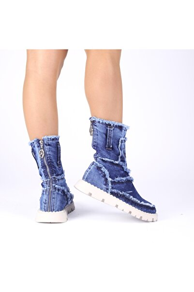 Butik Jeanolog Denim Boots Patchwork Design Casual Boots
