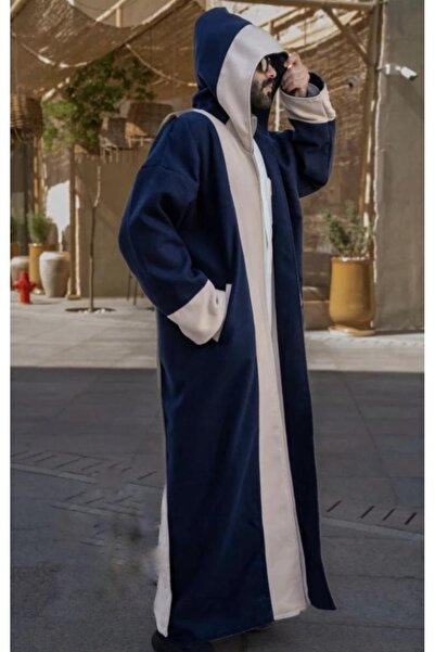 Abaya-AB Men's double-sided winter fur coat in navy and off-white wool with a stylish shawl