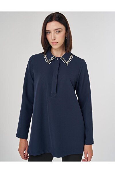 Kayra Blouse with Embroidered Collar Dark Navy Blue