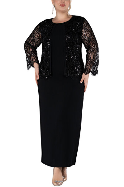 Arden Büyük Beden Abiye Elbise | Payet Boncuk İşlemeli, Uzun Kollu Siyah Laci...
