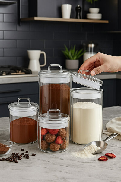 Kezze 4’lü Modern Şeffaf Cam Saklama Kabı Seti – Hava Geçirmez Kapaklı, Mutfa...