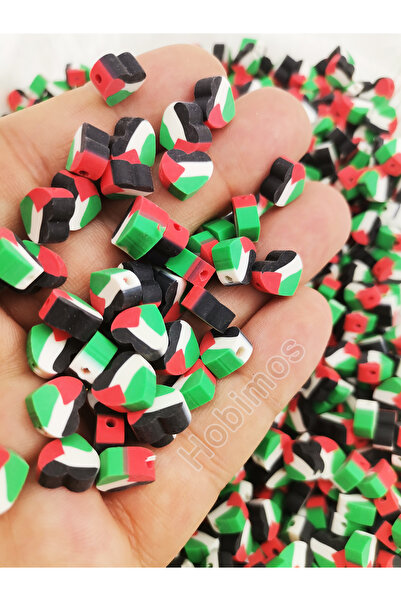 Hobimos 20 Adet Filistin Bayrak Temalı Kalp Şeklinde Fimo Boncuk