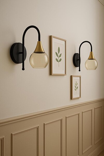 Zelishya Aurea Amber Camlı Siyah-Gold Gövde Duvar Lambası / Duvar Apliği