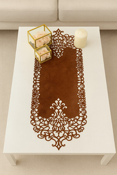 Ergüven Home مفرش طاولة من قماش السويد الأحمر البني مقاس 40×100 سم - تصميم عصري