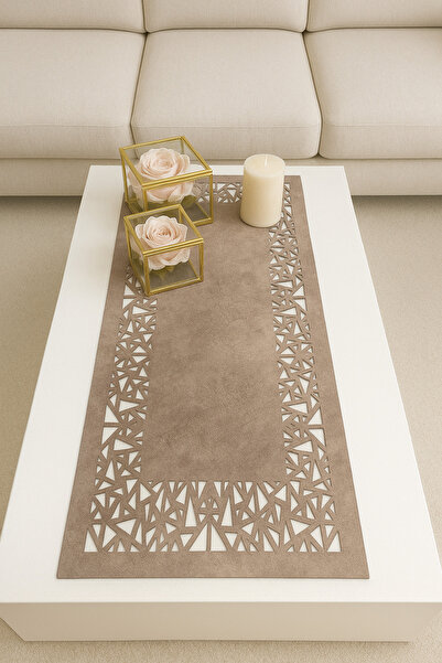 Ergüven Home مفرش طاولة من قماش الجلد المدبوغ بنمط مثلث هندسي بني اللون مقاس ...