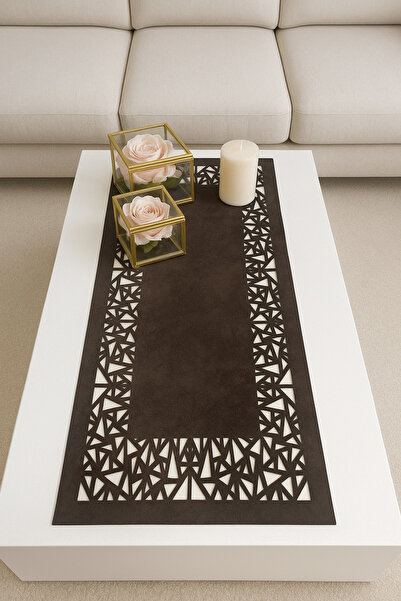 Ergüven Home Runner din țesătură din piele intoarsa cu model triunghi geometric maro închis (vintage) 40x100 cm lungime măsuță de cafea