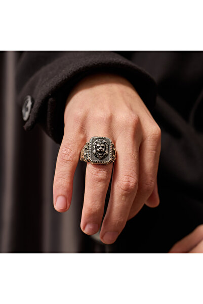Umut silver Aslan Başlı Kabartma Desenli 925 Ayar Gümüş Erkek Yüzük