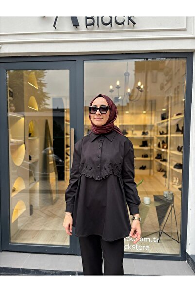 Babil Butik 25023018 Γυναικεία μπλούζα με λεπτομέρεια γκουπάρ Μαύρη